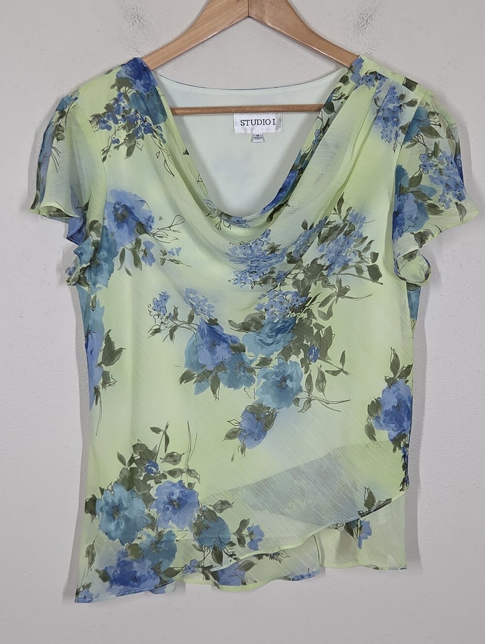 Vtg Y2K Pastel Green Blue Floral Cowl Asymmetrical Top 14 Fairy Grunge Romantic